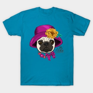 Vector dog with hat, yellow flower and nacklace. Hand drawn illustration of dressed pug T-Shirt